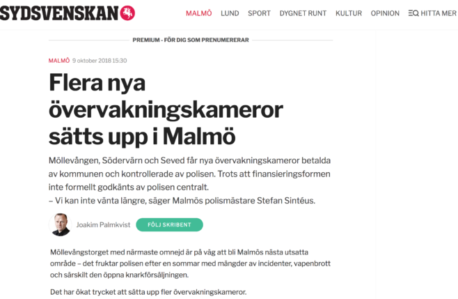 Artikel i Sydsvenskan om övervakningskameror i Malmö